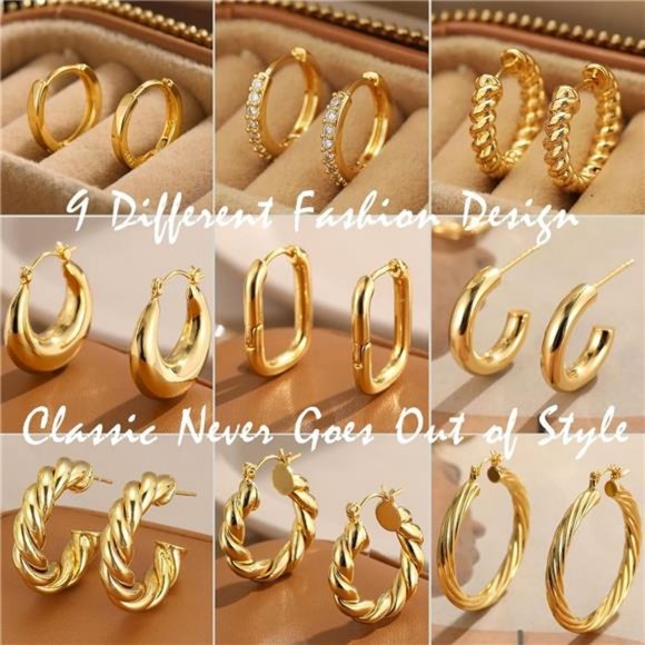 9 Pairs Gold Hoop Earr, 14K Gold Plated Lightweight Chunky Twisted Hoop - Picture 7 of 7